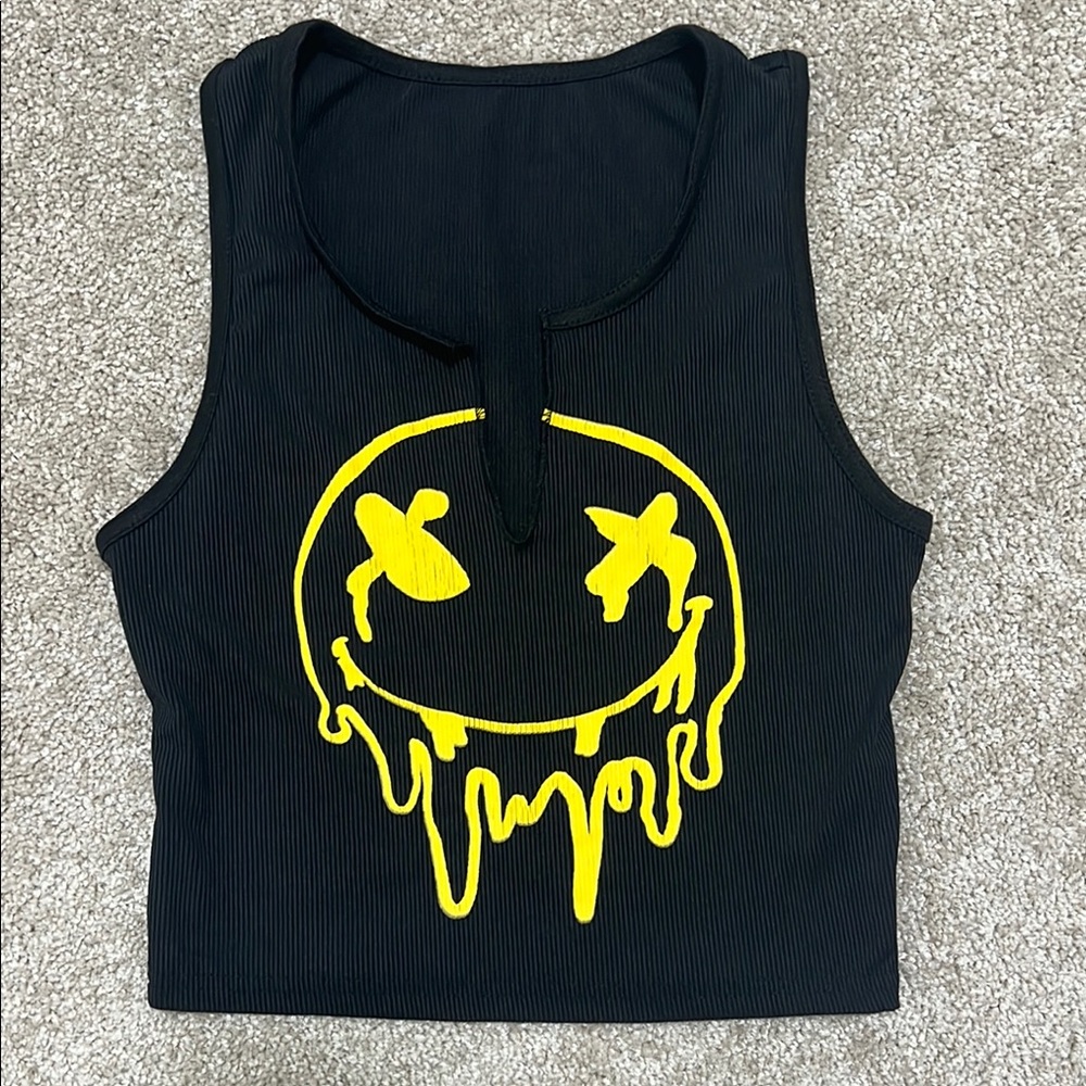 Black Crop Top with Yellow Dripping Smiley Face